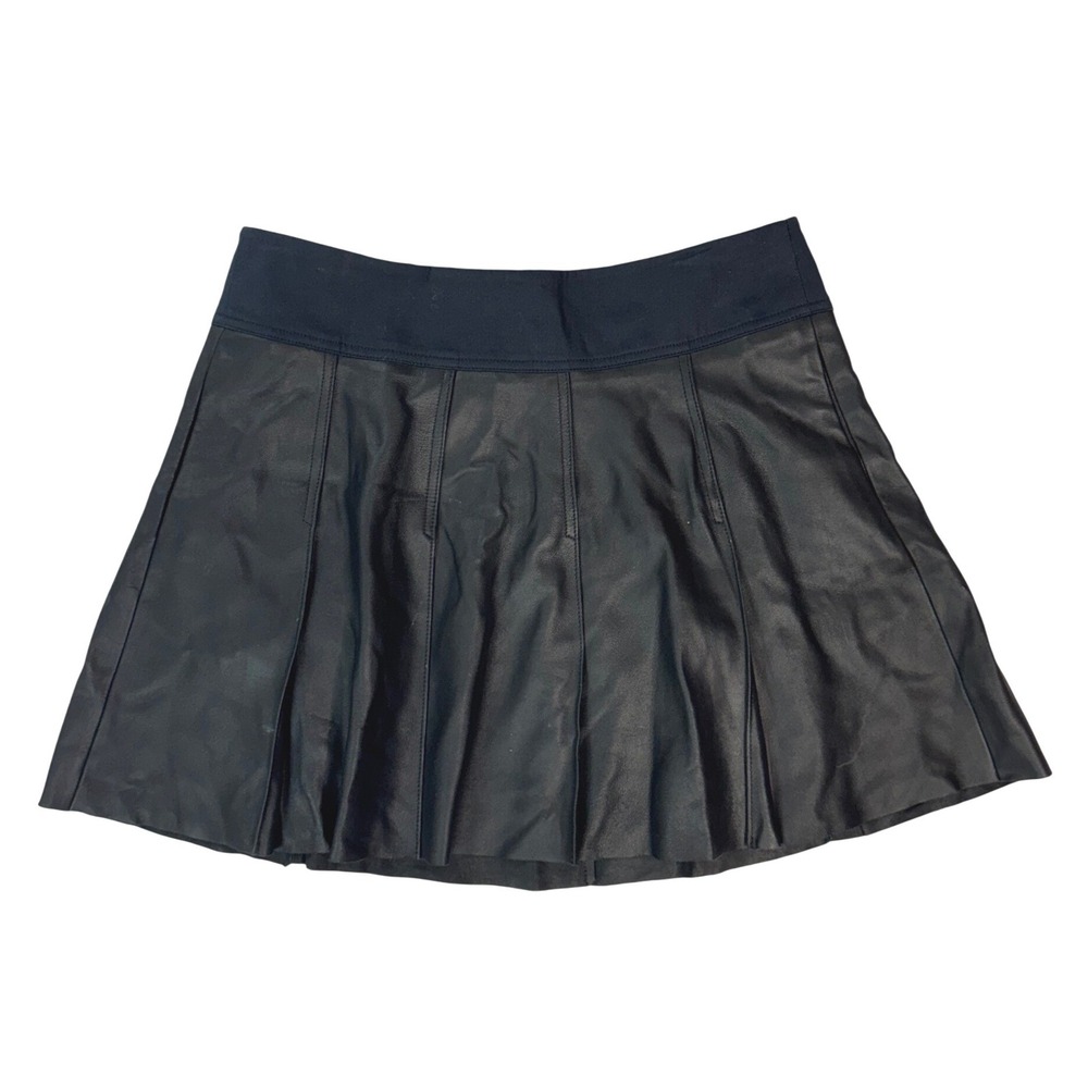 Vince Black 100% Goat Leather Pleated Mini Skirt Size 10 Flared A-Line Zip Back